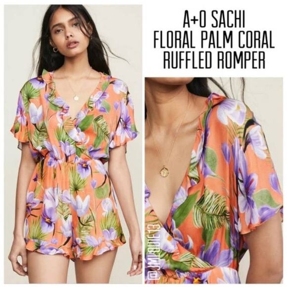 NWT Alice + Olivia Sachi Floral Palm Coral Romper Size 0 - Picture 2 of 14